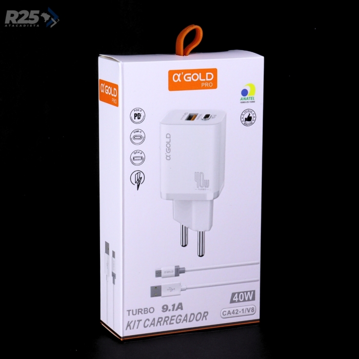 Carregador V8 PD + USB 40W A'Gold - CA42-1/V8	