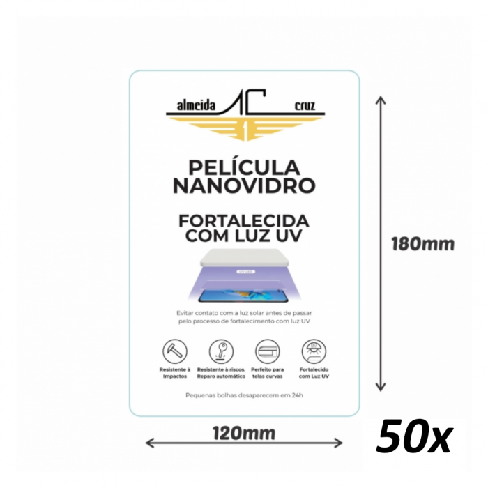 Pacote de Lâminas Nanovidro com Fortalecimento UV HD para Máquina de Películas Almeida Cruz - Celular - 50 Unidades