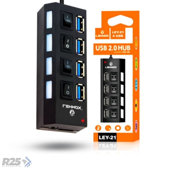 Hub USB Extensor 4 Portas 2.0 com Interruptor Lehmox - LEY-21